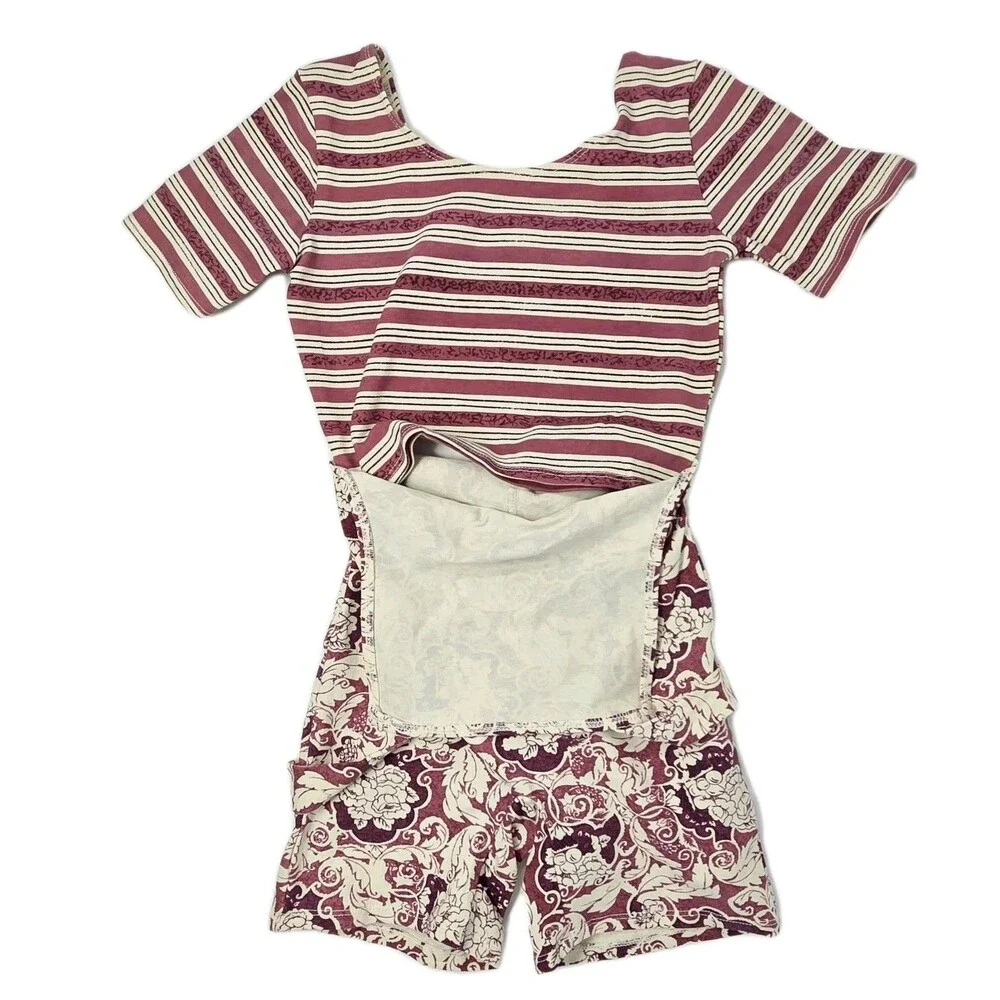 Gilda Marx Y2K 90s Floral Damask Cotton Shortall Biketard Cream Mauve Girls Size